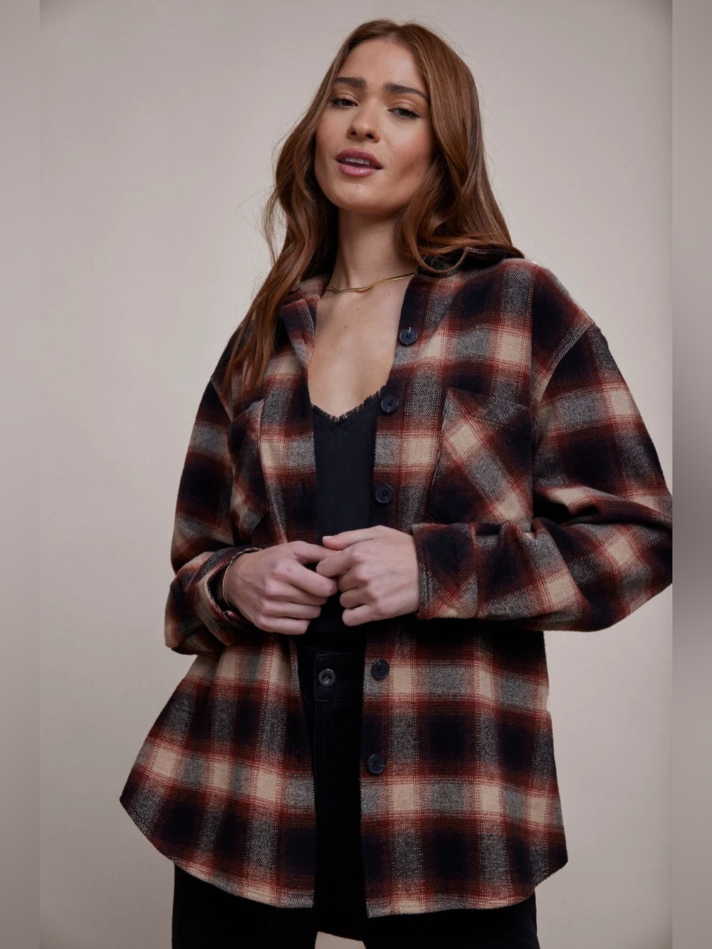 Bella Dahl Heritage Plaid Shacket Brown/Black/Red Small Oversized Wool Cotton